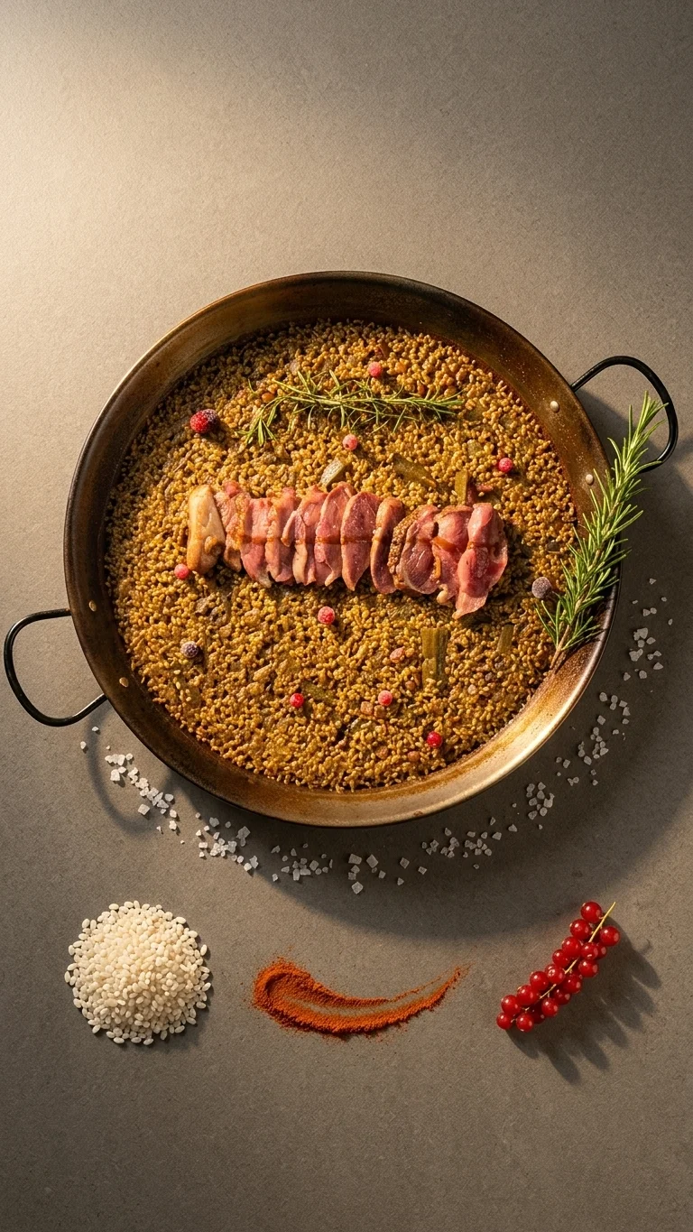 Arroz de magret de pato presentado en la mesa