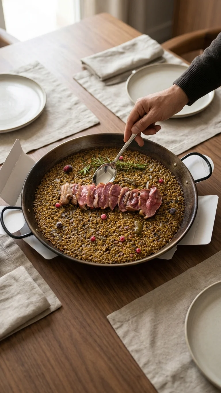 Servicio del arroz de magret de pato en la mesa