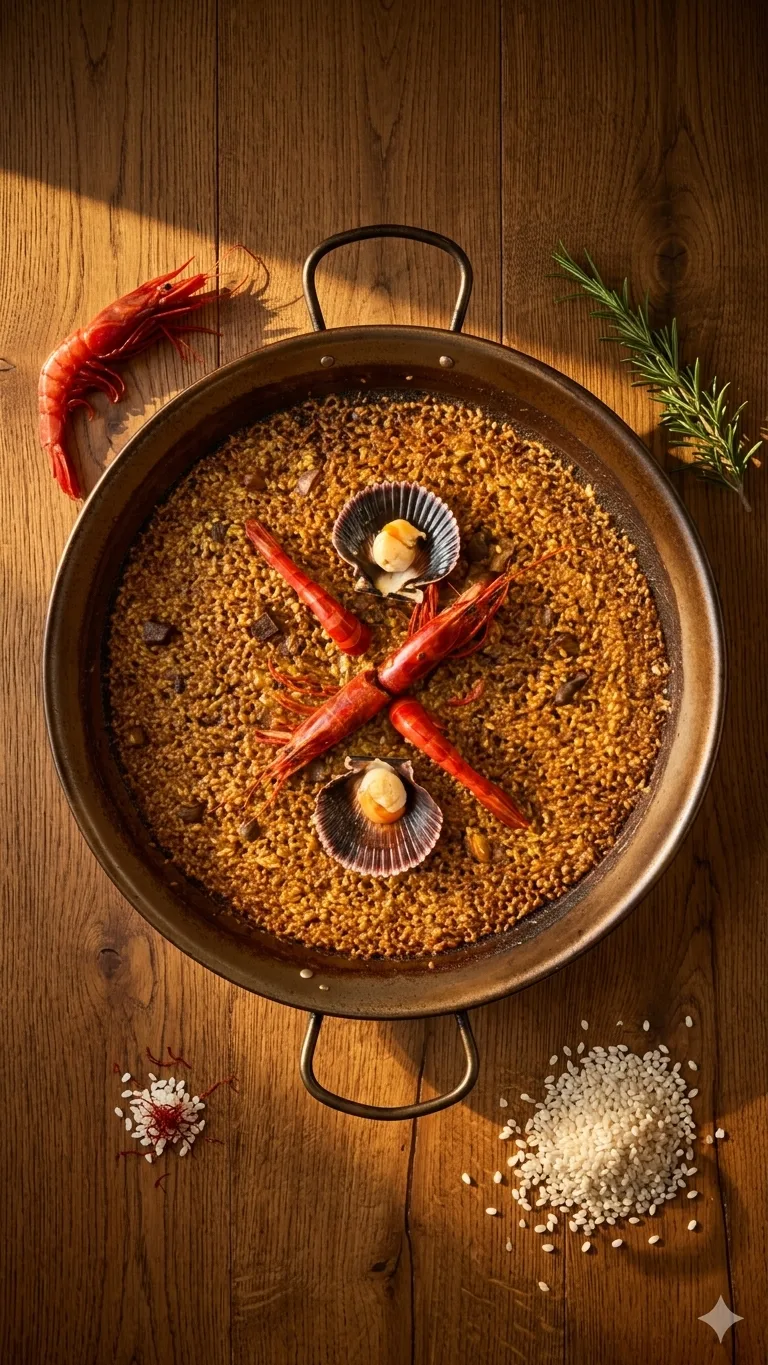 Paella de marisco con gambas y vieiras