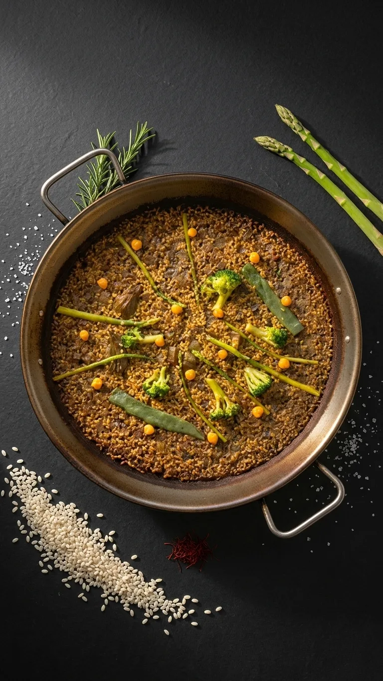 Paella de verduras con espárragos y brócoli