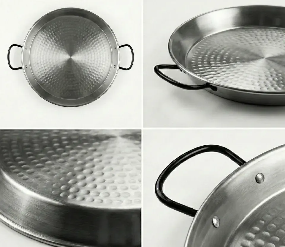 Traditional polished steel paella pan in Pamplona